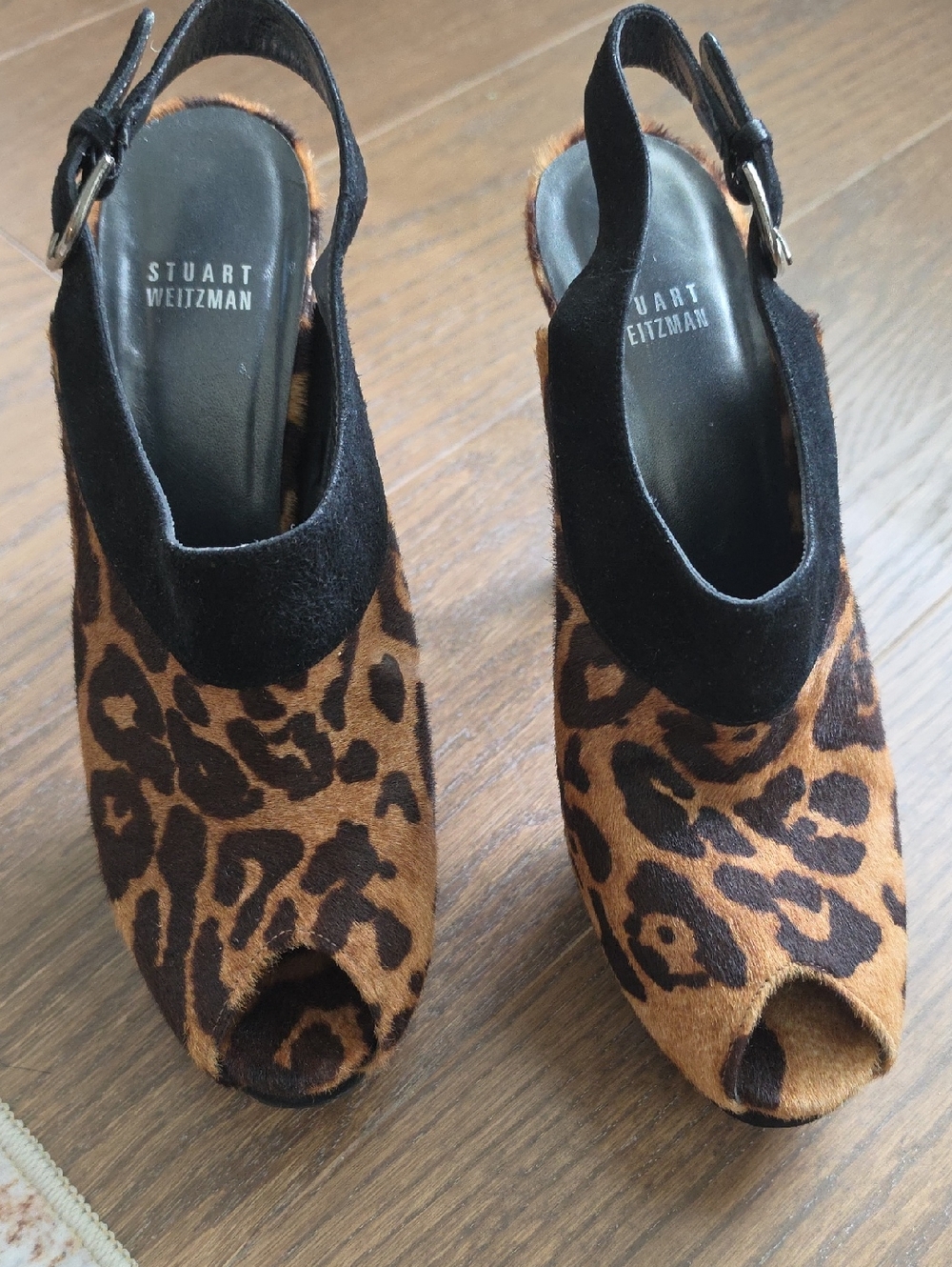 Stuart Weitzman Leopard Haircalf Peep-Toe Slingbacks in Brown and Black